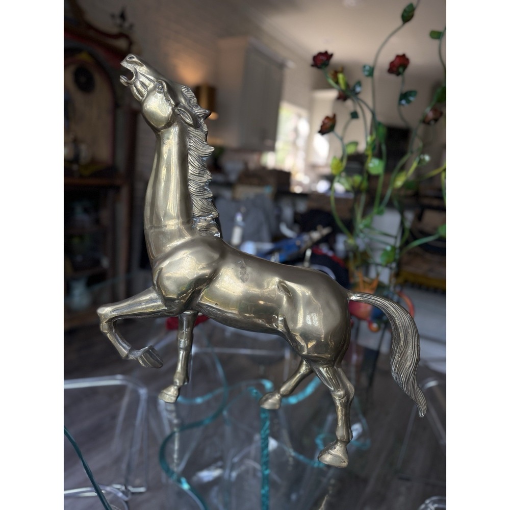 Lg  Vintage Solid Brass Horse Sculpture 22" Heavy Prancing Stallion Statue 13 Lb